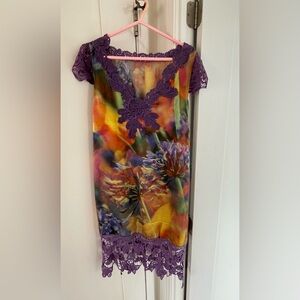 Moschino Cheap and Chic Vibrant Floral Dress with Purple Lace